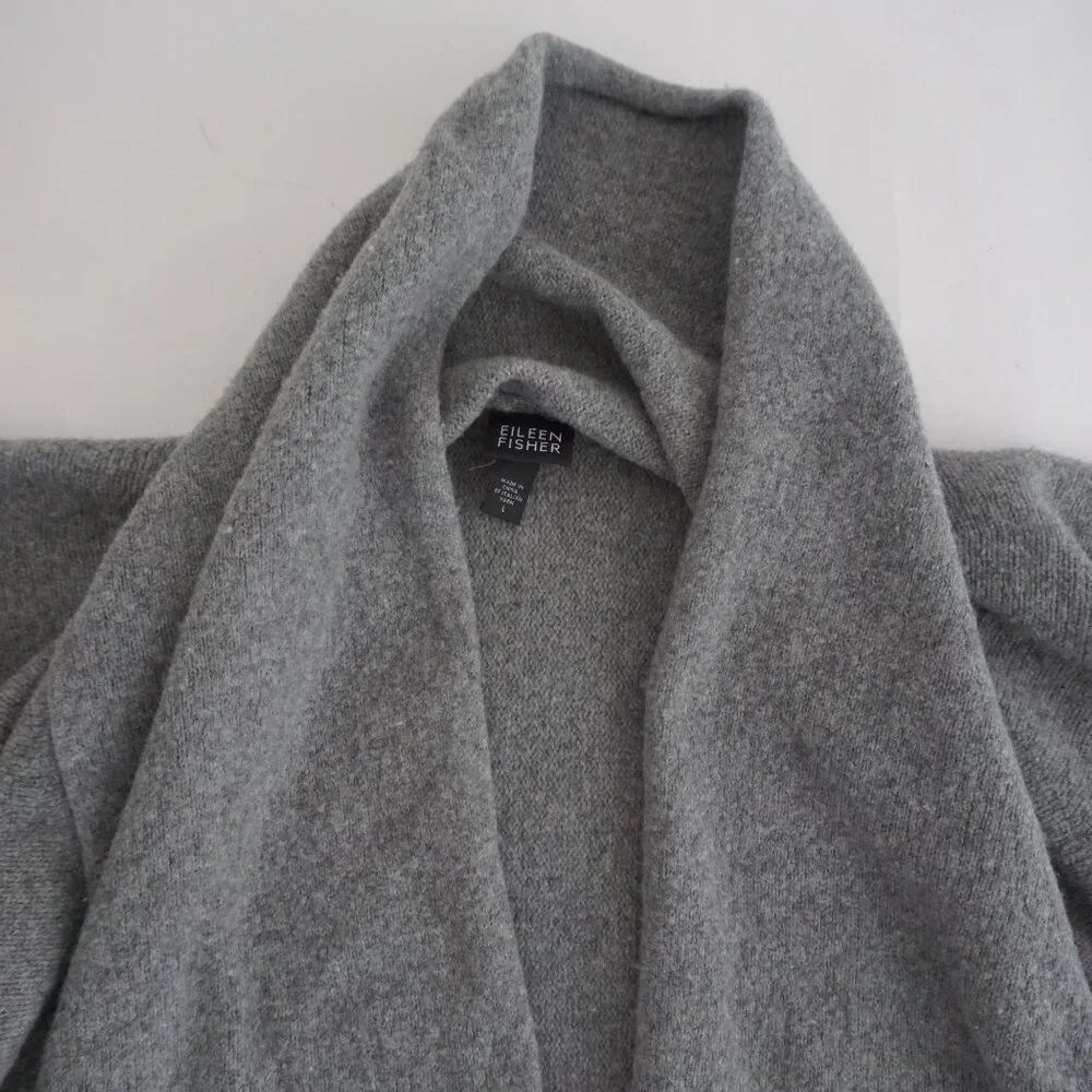 Eileen Fisher Gray Open Front Knit Cardigan Minimalist Drape Soft Classic L - Picture 9 of 10
